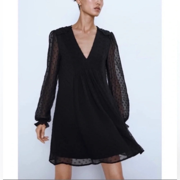 Zara Black Swiss Dot sheer Pleated Mini Dress Womens - Picture 1 of 9
